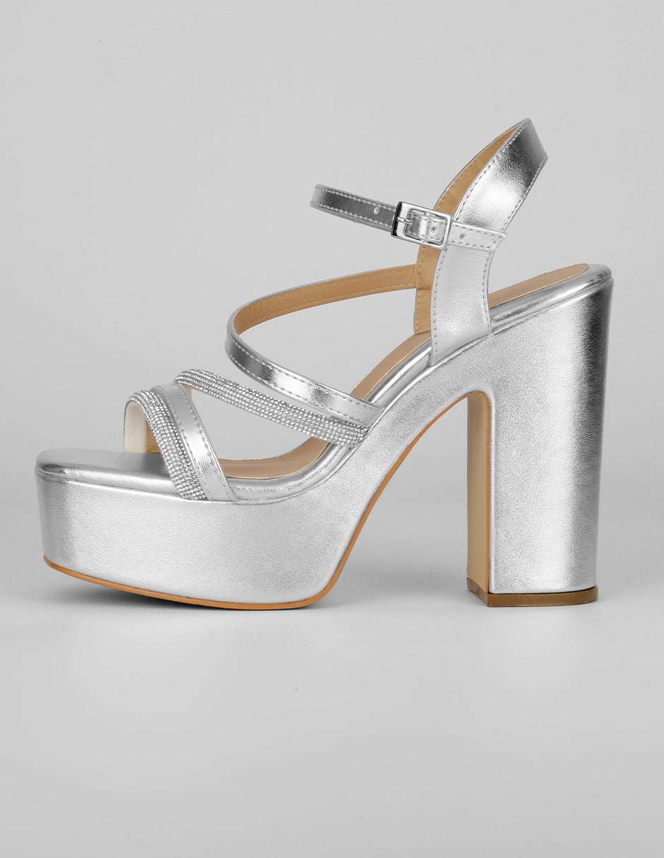 Sandalia con tacón Exterior Sintético Color Plata Para Mujer De RBCOLLECTION
