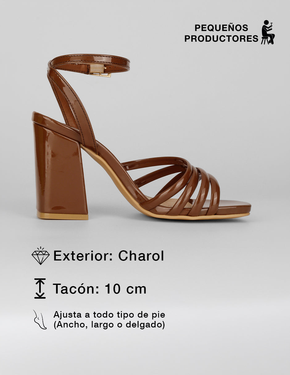 Sandalia con tacón Glam en Charol – Café