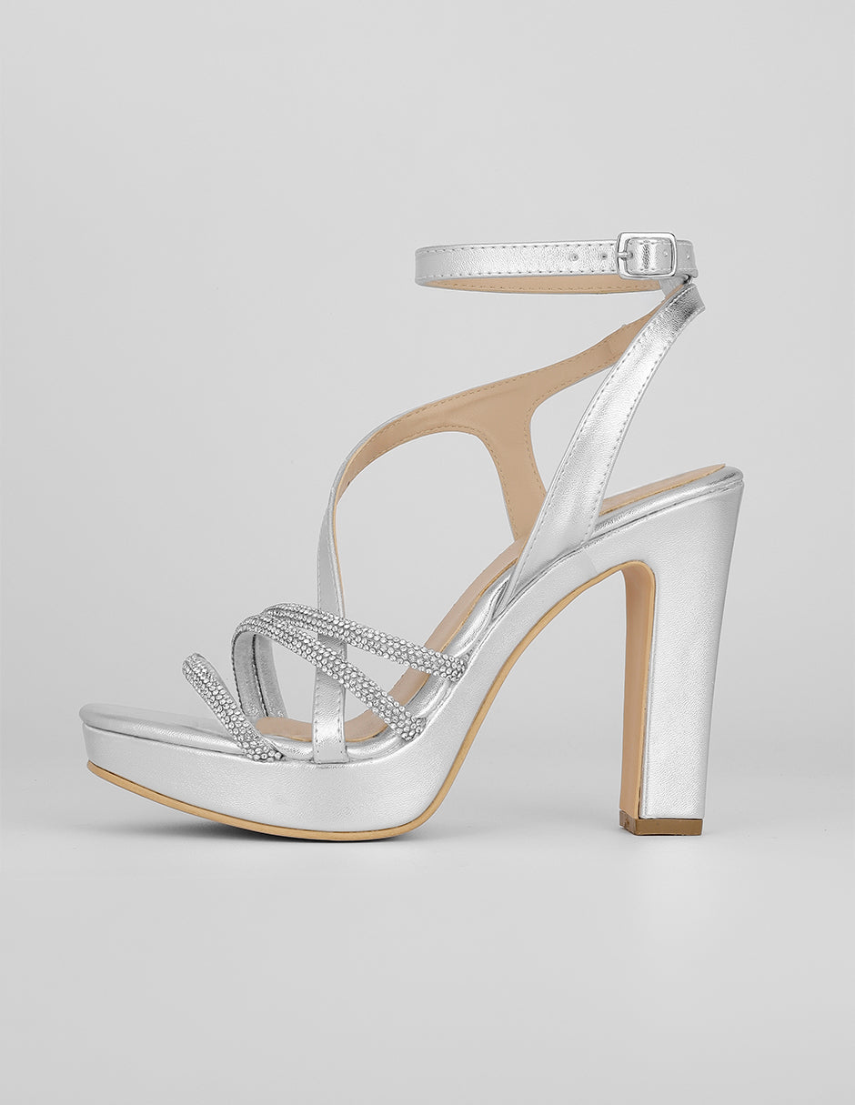 Sandalia con tacón Exterior Sintético Color Plata Para Mujer De RBCOLLECTION
