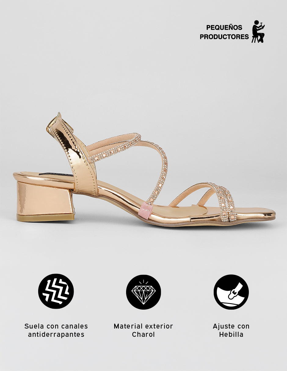 Sandalia con tacón Sylen en Charol – Dorado