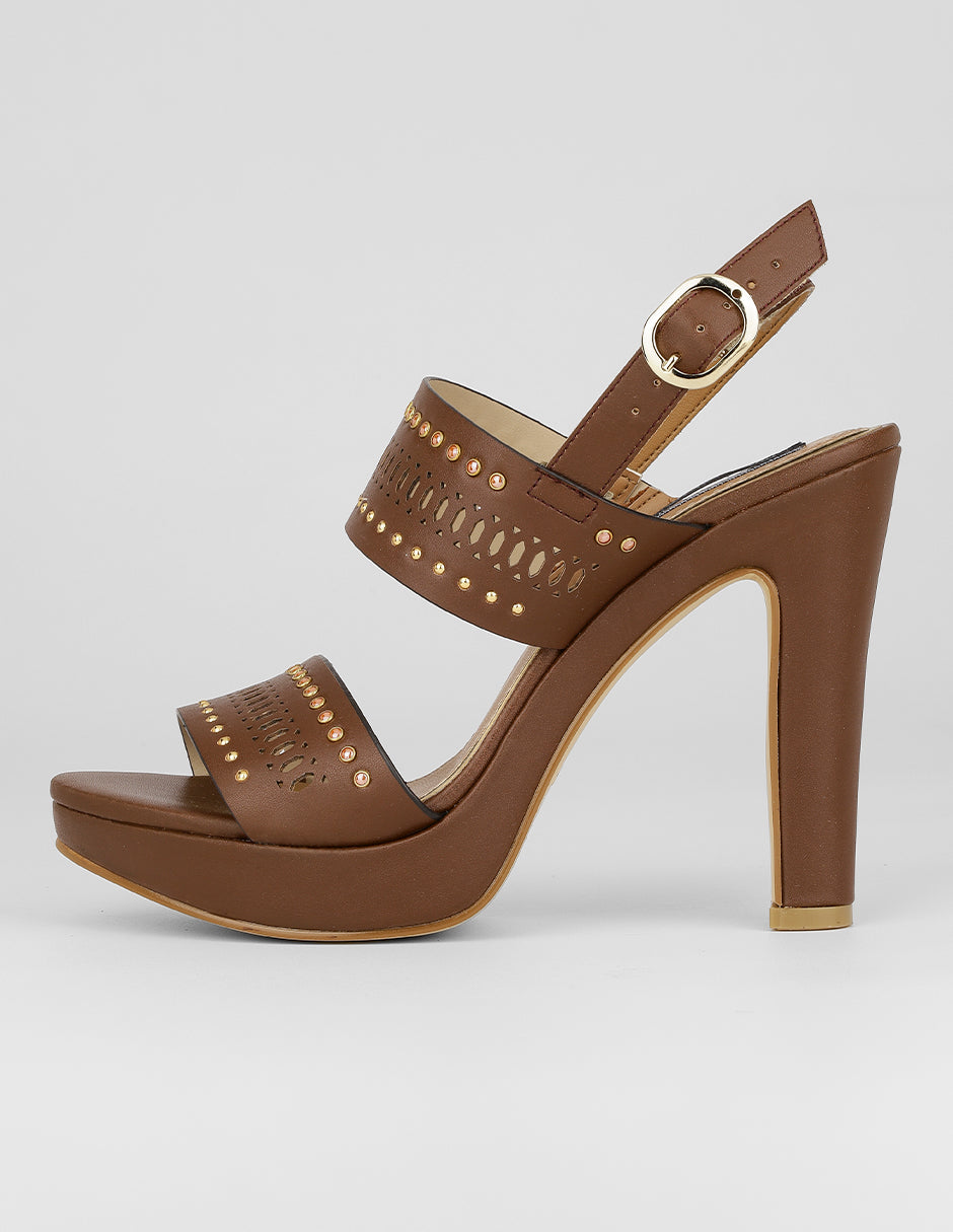 Sandalia con tacón Exterior Piel vegana Color Café Para Mujer De RBCOLLECTION