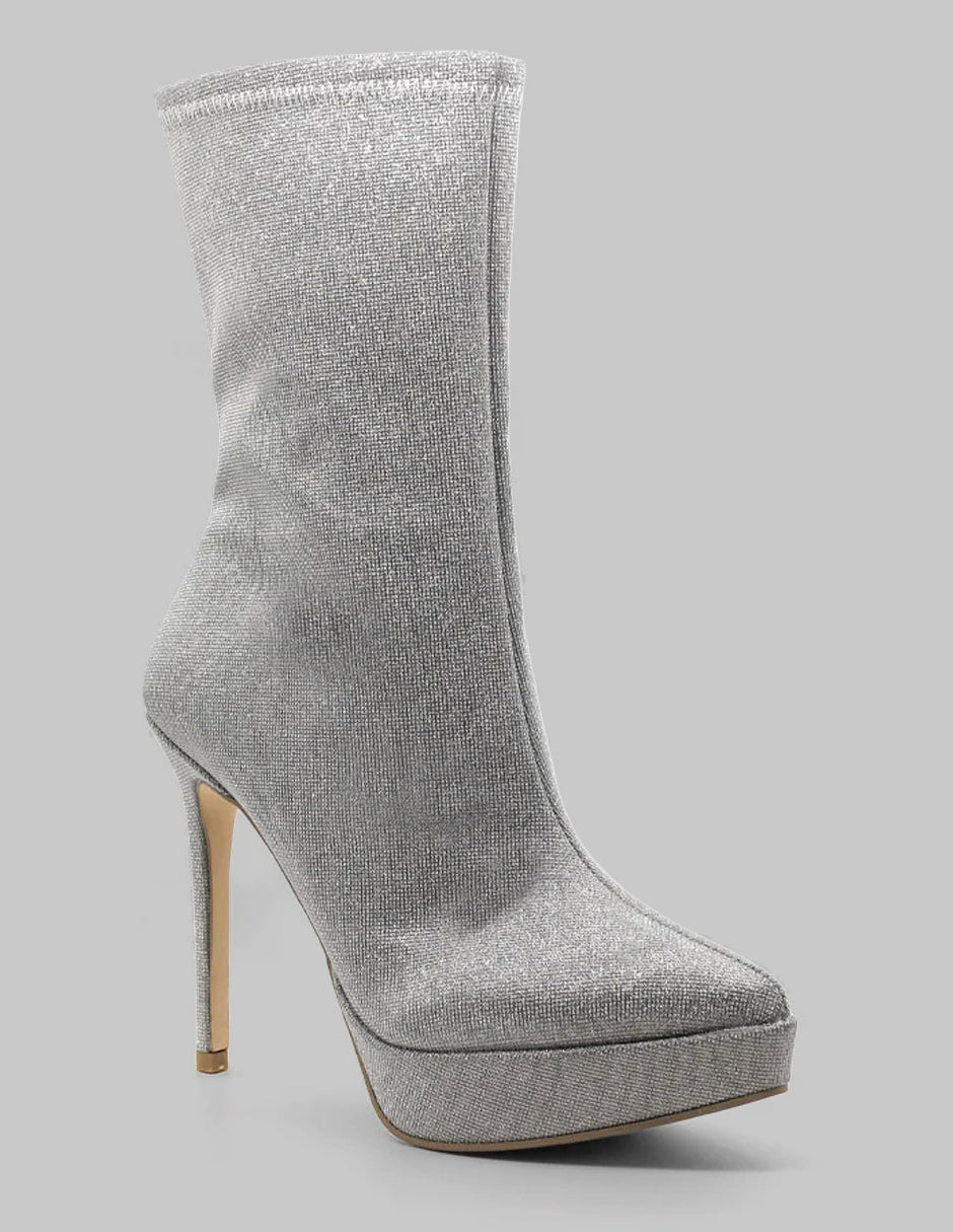 Botín con tacón Glam en Textil – Plata