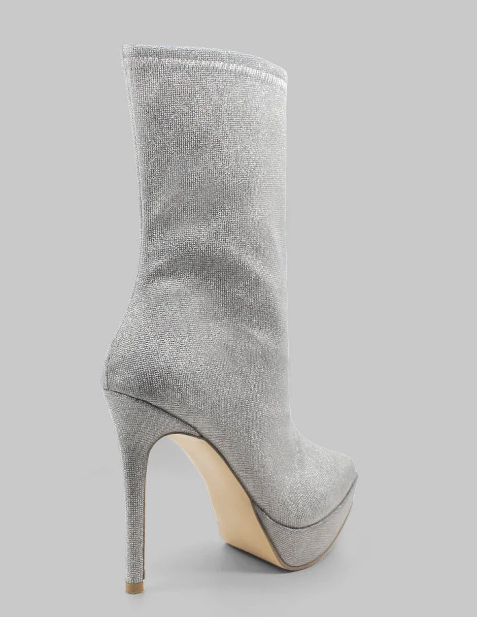 Botín con tacón Glam en Textil – Plata
