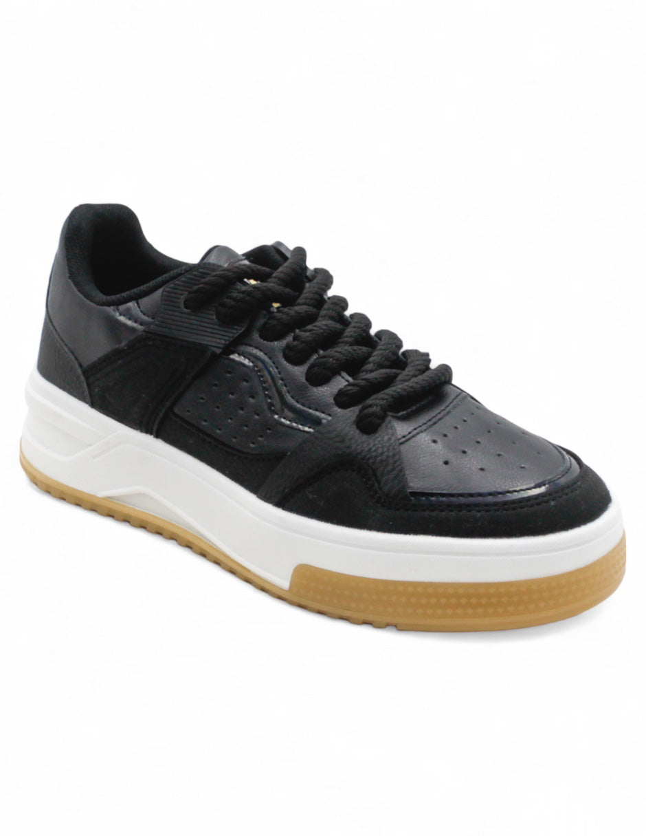 Tenis con Cordones Exterior Piel Vegana  Color Negro Para Mujer De RBCOLLECTION