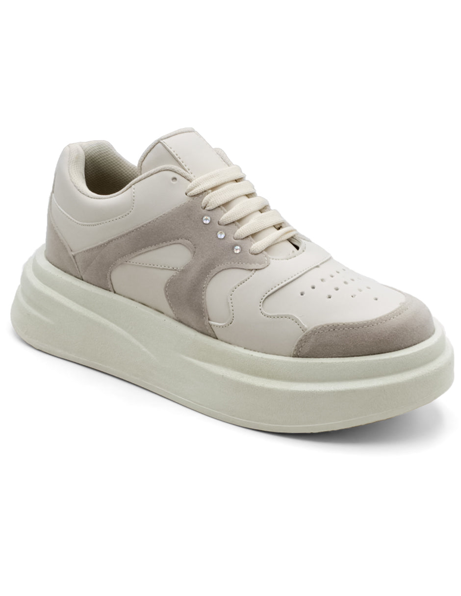 Tenis con Cordones Exterior Piel Vegana  Color Beige  Para Mujer De RBBASICS