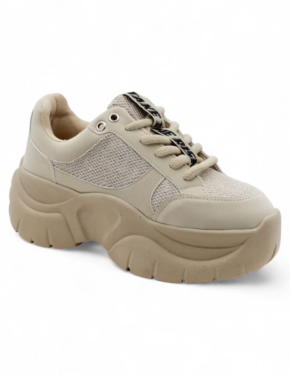 Tenis tipo Deportivo Exterior Piel Vegana  Color Beige  Para Mujer De RBCOLLECTION