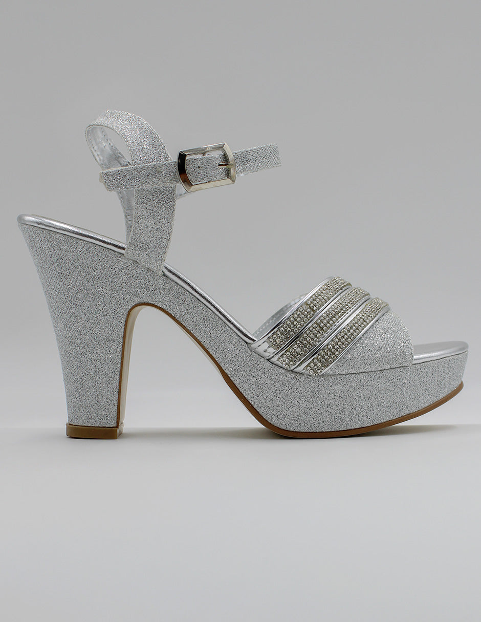 Sandalia con tacón Stela en Textil – Plata