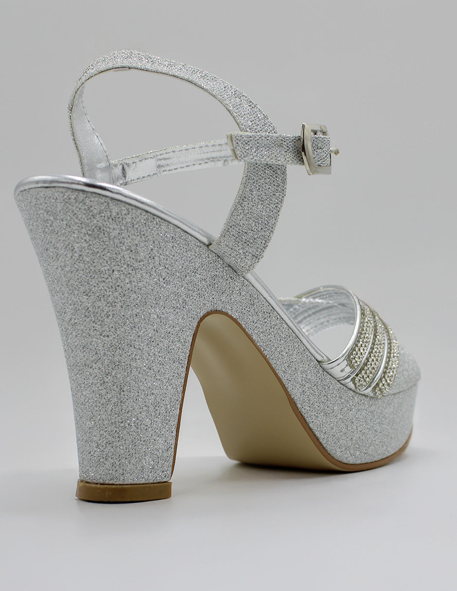 Sandalia con tacón Stela en Textil – Plata
