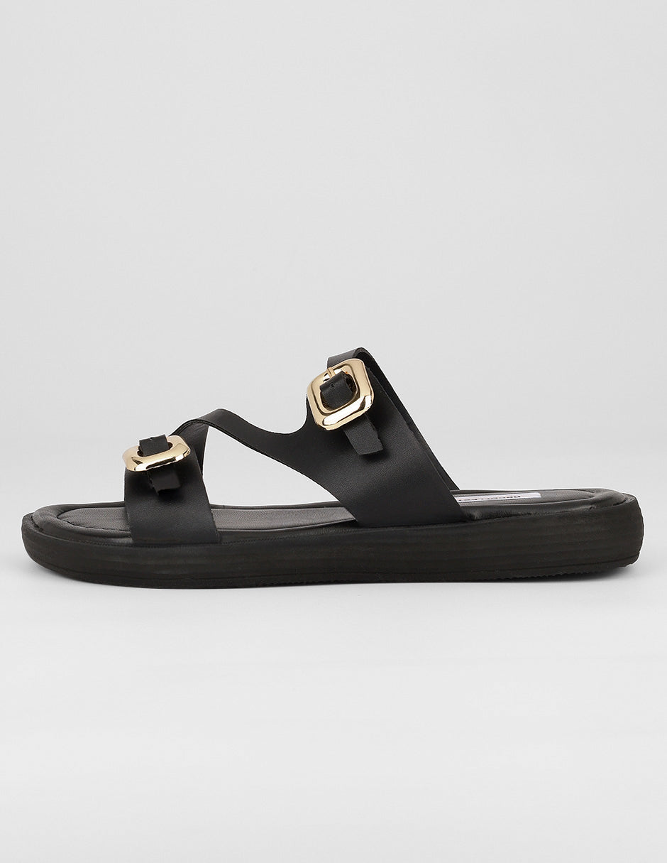 Sandalias de piso Exterior Piel vegana Color Negro Para Mujer De RBCOLLECTION