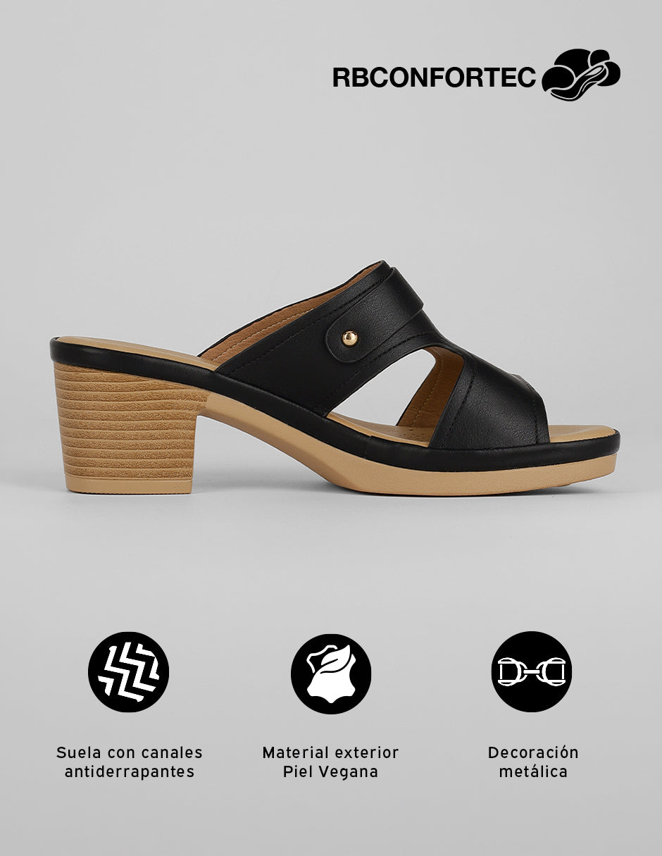 Sandalia con tacón Comfy en Piel vegana – Negro