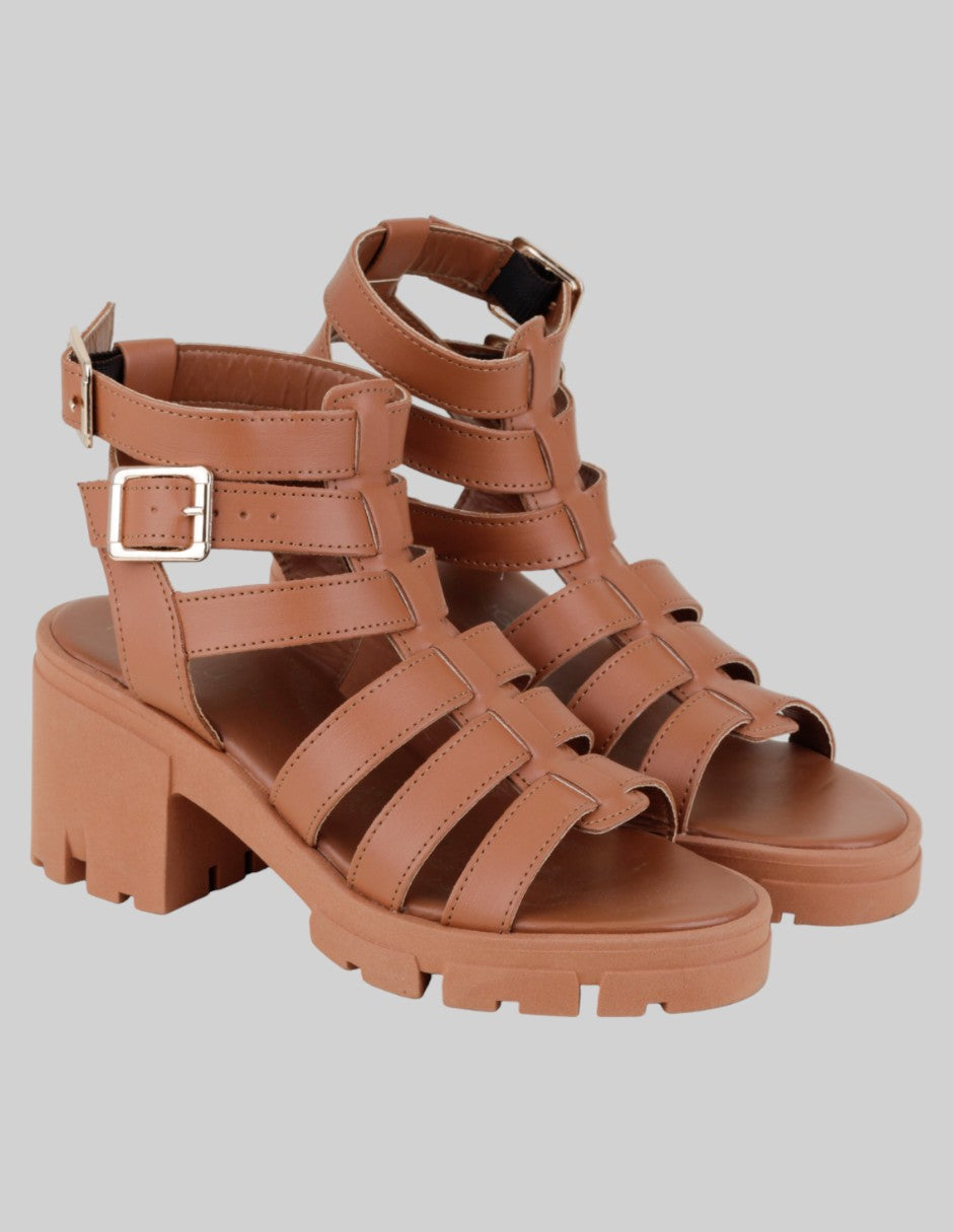 Sandalia con tacón Exterior Sintético Color Café Para Mujer De Genérica