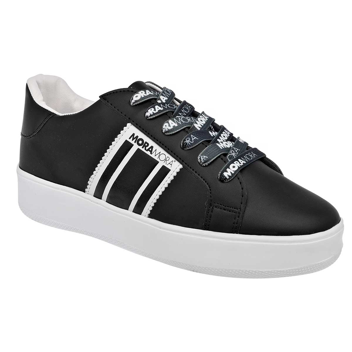 Tenis Con cordones Exterior Piel sintética Color Negro Con Blanco Para Mujer De Moramora