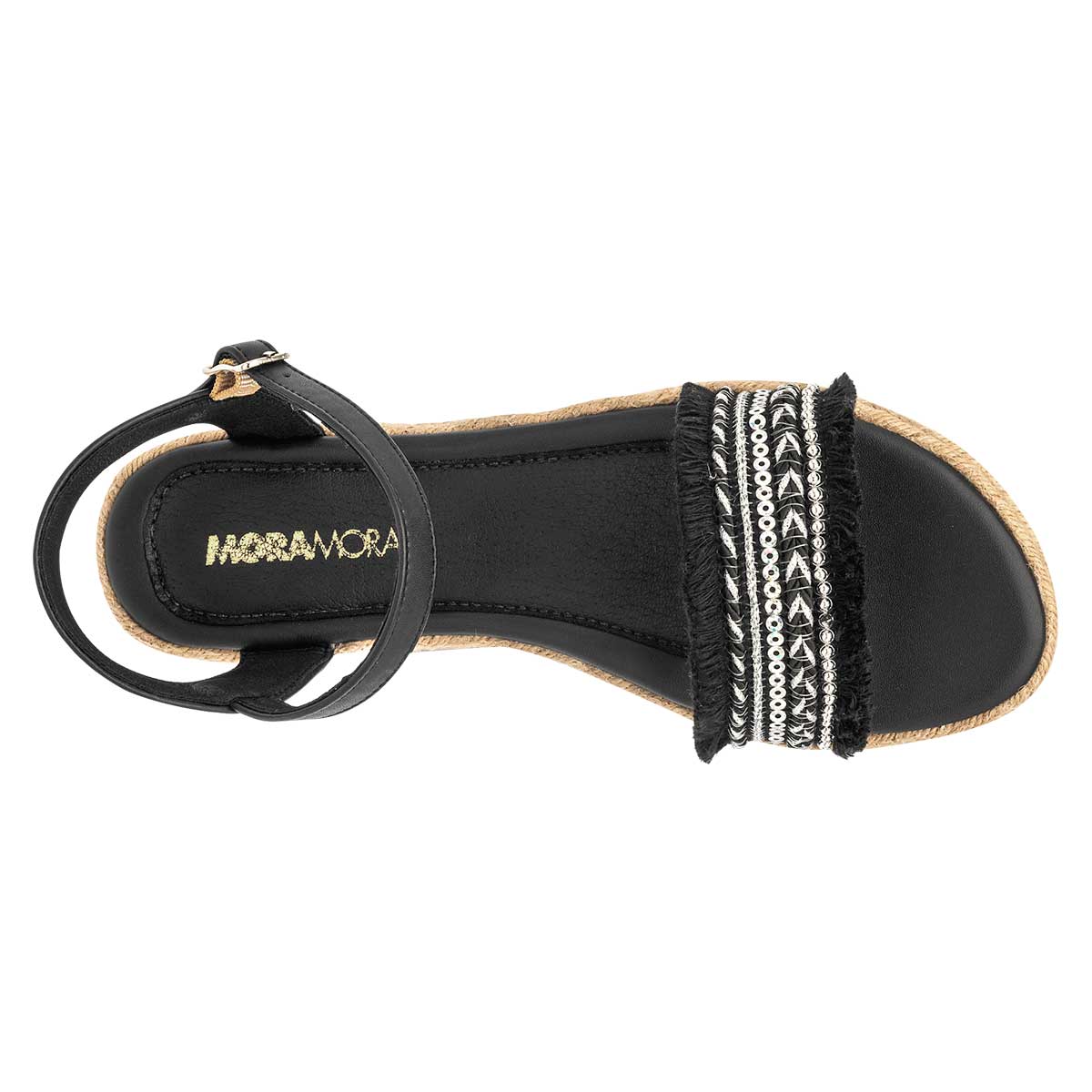 Sandalias de piso Exterior Textil Color Negro Con Plata Para Mujer De Moramora