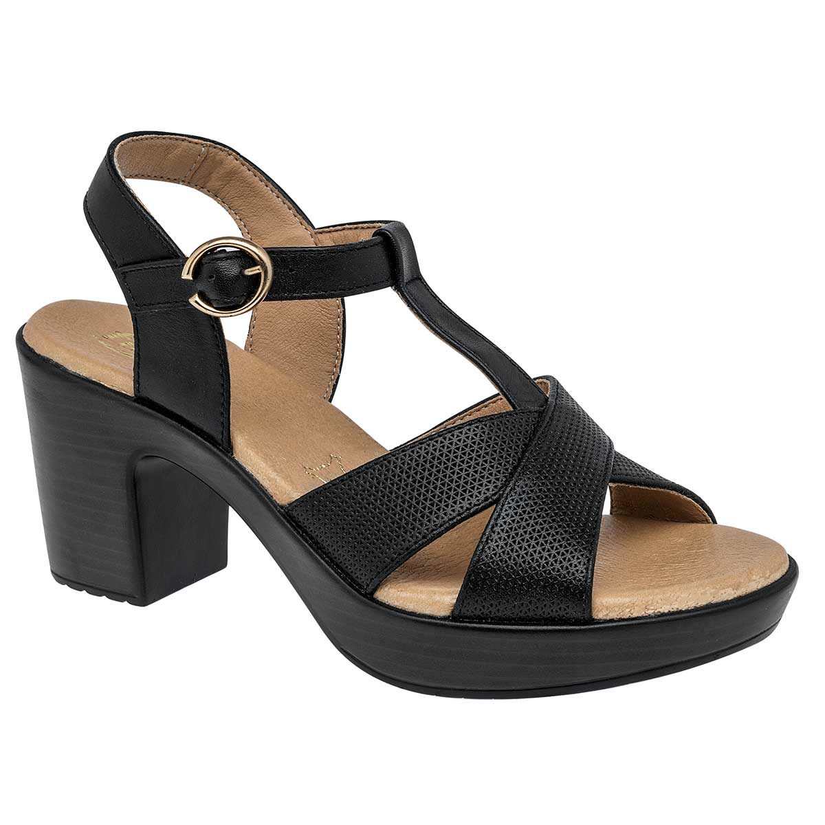 Sandalia con Tacón Exterior Piel Color Negro Para Mujer De FLEXI