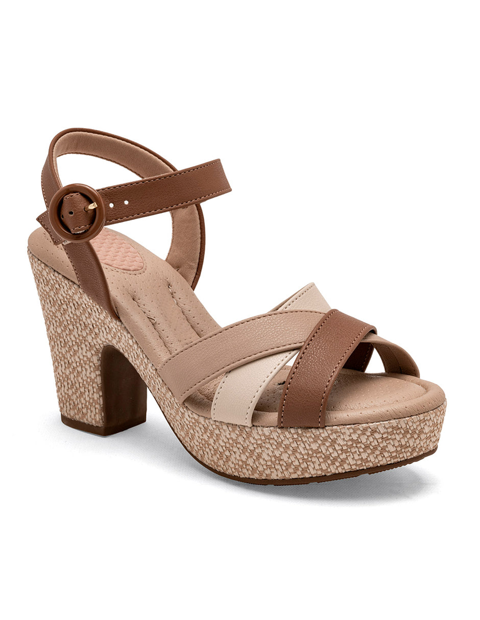 Sandalia con Tacón Exterior Sintético Color Camel Con Beige Para Mujer De RBCOLLECTION