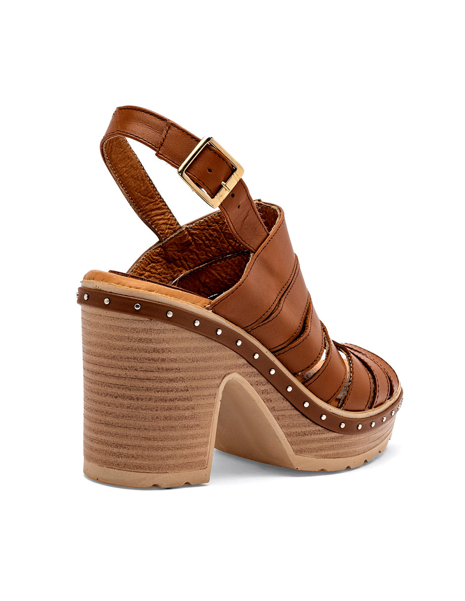 Sandalia con Tacón Exterior Piel Color Camel Para Mujer De RBCOLLECTION