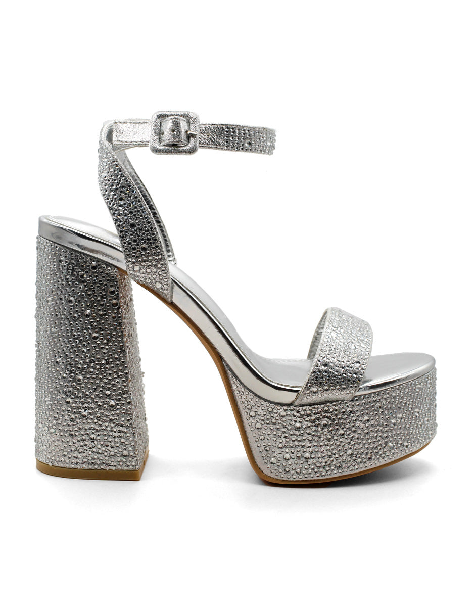 Sandalia con Tacón Exterior Sintético Color Plata Para Mujer De RBCOLLECTION