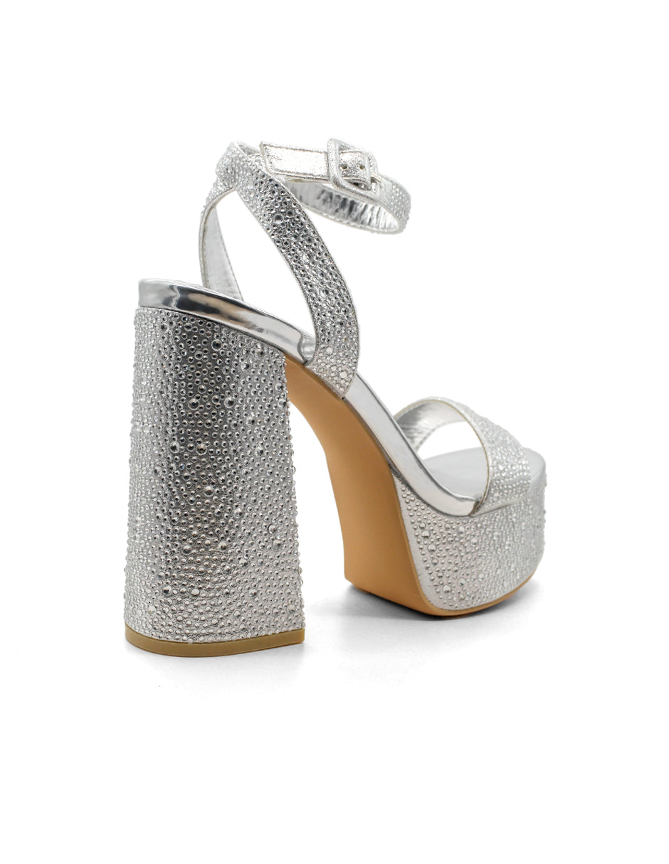 Sandalia con Tacón Exterior Sintético Color Plata Para Mujer De RBCOLLECTION