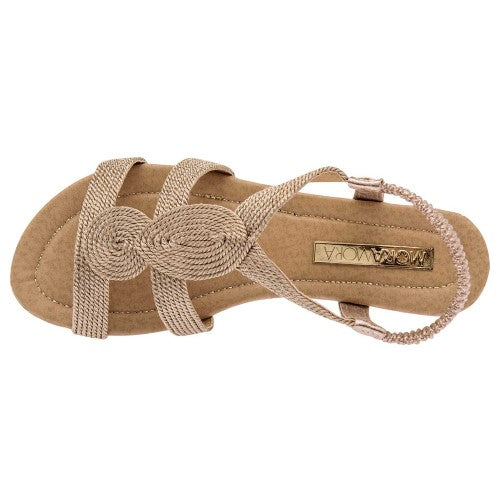 Sandalias De Piso Exterior Textil Color Oro Con Rosa Para Mujer De Moramora