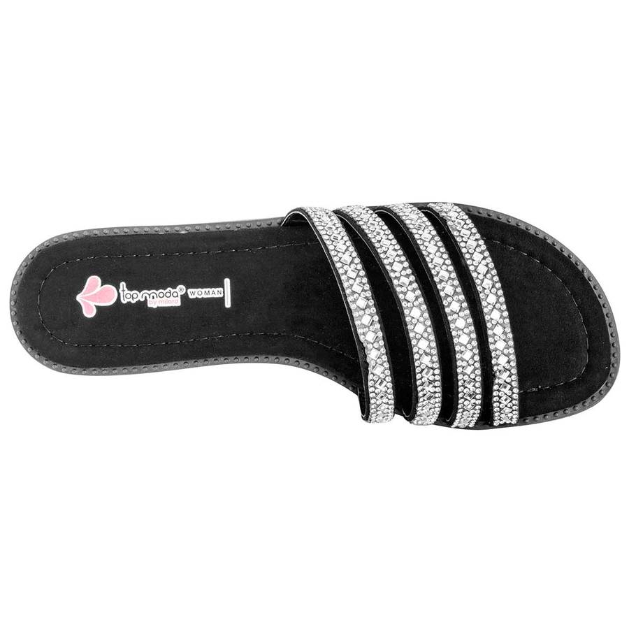 Sandalias De Piso Exterior Sintético Color Negro Con Plata Para Mujer De Top Moda